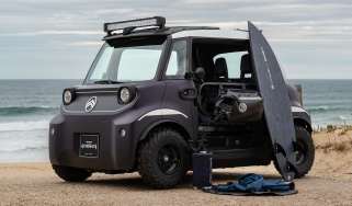 Citroen Ami Buggy Rip Curl - front angled with surf board